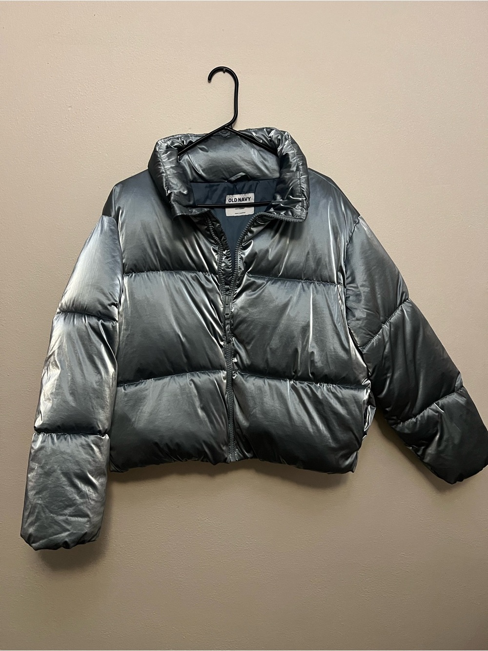 Old Navy Metallic Silvery blue  Cropped Puffer Jacket Women’s size M